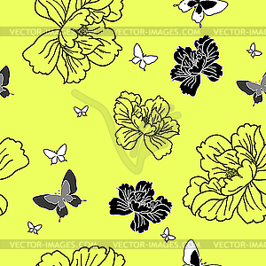 Seamless wallpaper flowers and butterflies - vector image