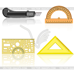 Stationery knife, ruler and protractor - vector image