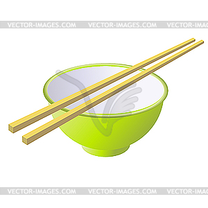 Ceramic bowl with wooden sticks - vector clip art