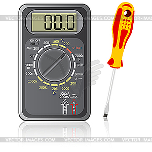 Multimeter of black color and screwdriver - vector clipart