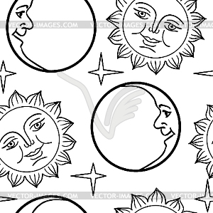 Seamless wallpaper the Moon and Sun with faces - vector clipart / vector image