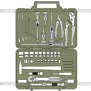 Set of different tools in box - vector image