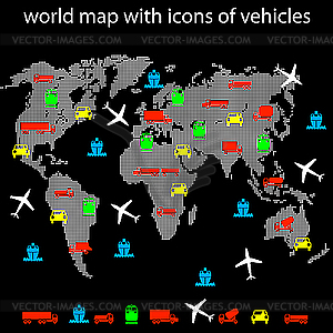 Карта мира с иконами транспорта для путешествий. - векторное графическое изображение