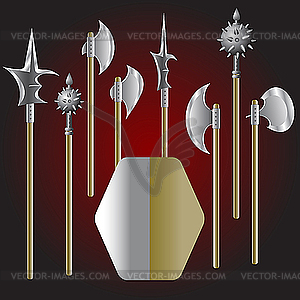 Medieval weapons and shield - vector image