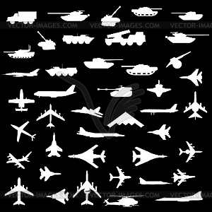 Set of aircraft, armored and guns - vector image