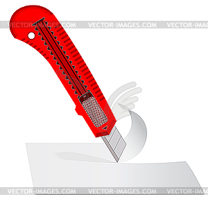 Plastic knife to cut the paper sheet of white paper - vector image