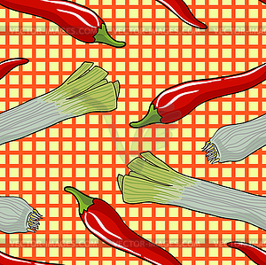 Seamless vegetable pattern leek and red pepper - vector clipart