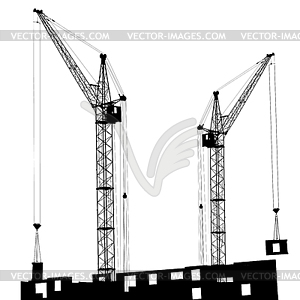 Silhouette of two cranes working on building - vector image