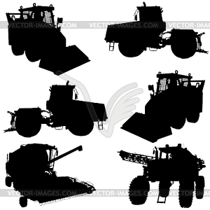 Agricultural vehicles, set of silhouettes - vector image