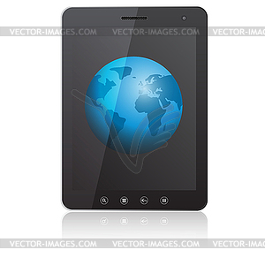 Tablet PC computer with globe screen - vector clip art