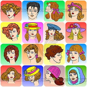 Set of various cartoon male and female faces - vector clipart