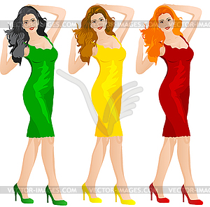 Beautiful women in red, yellow and green dresses - vector clip art