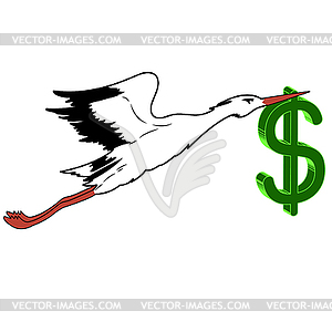 White Stork with in flight dollar in its beak - vector image