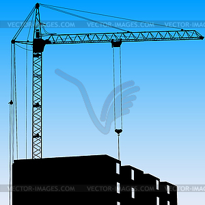 Силуэт одного крана рабочих на стройке на синем - изображение в формате EPS