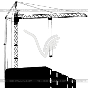 Силуэты строительного крана и здания - векторный рисунок