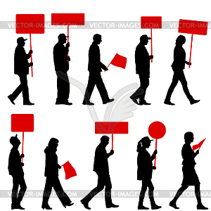 Black silhouettes of woman and man with flag and - vector clipart