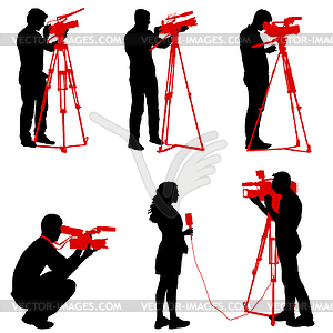 Set cameraman with video camera. Silhouettes - vector clip art