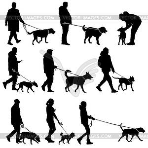 Set silhouette of people and dog - white & black vector clipart