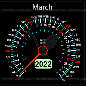 2022 year calendar speedometer car March - vector clipart