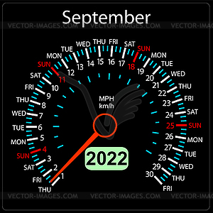 2022 year calendar speedometer car September - vector image