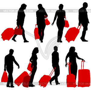 Black silhouettes travelers with suitcases - vector clipart