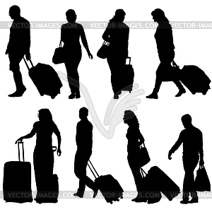 Черные силуэты путешественников с чемоданами - иллюстрация в векторном формате