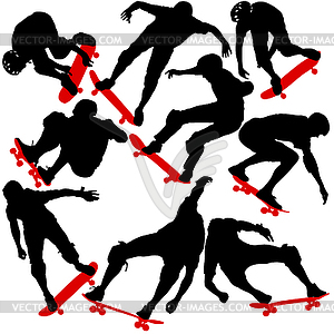 Set black silhouette of an athlete skateboarder in - vector image