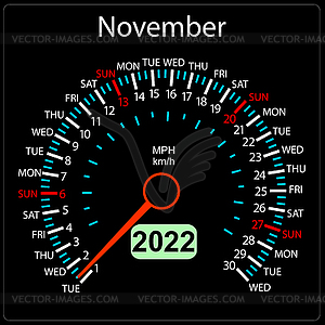 2022 year calendar speedometer car November - vector clipart