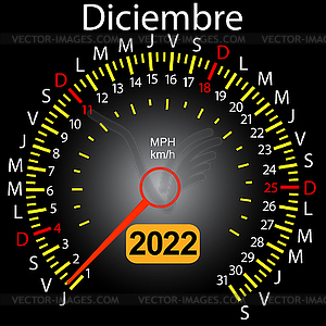 2022 year calendar speedometer car in Spanish - vector clipart