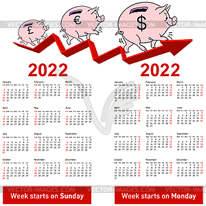 Stylish calendar Pig piggy bank for 2022 Sundays - vector clip art