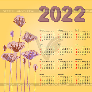 Stylish calendar with flowers for 2022 Week starts - vector clip art