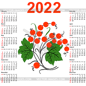 Stylish calendar with flowers for 2022. Week - vector clip art