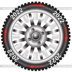 Календарь 2022 год колесо черный автомобиль - изображение векторного клипарта