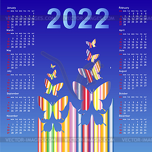 Stylish calendar with butterflies for 2022. Week - vector image