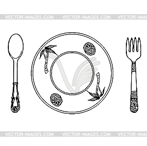 Cartoon plate, fork and spoon - vector image