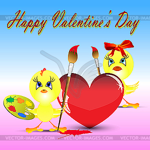 Two chickens on the Valentine's day paint heart - vector image
