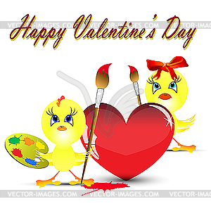 Два цыплят на день сердца краски Валентина - изображение векторного клипарта