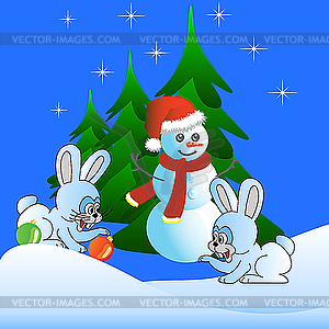 Two white hares and Snowman - vector clipart