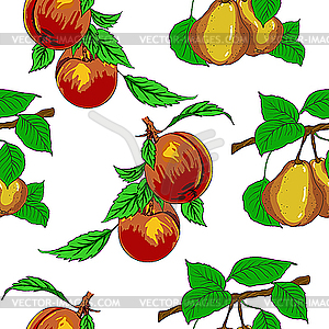 Бесшовный фон с персиками и грушами. - изображение в векторе / векторный клипарт