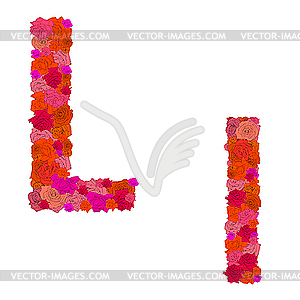 Цветочный алфавит из красных роз, персонажи Ll - векторный графический клипарт