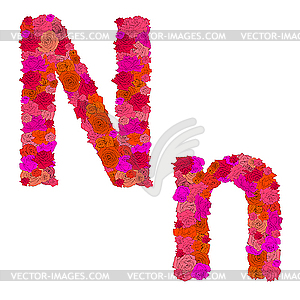 Flower alphabet of red roses, characters N-n - vector clip art