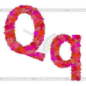 Цветочный алфавит из красных роз, персонажи Qq - рисунок в векторе