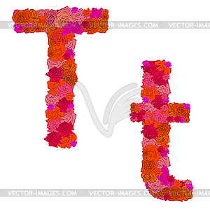 Flower alphabet of red roses, characters T-t - vector image