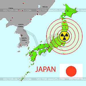 Japan map with danger on an atomic power station - color vector clipart