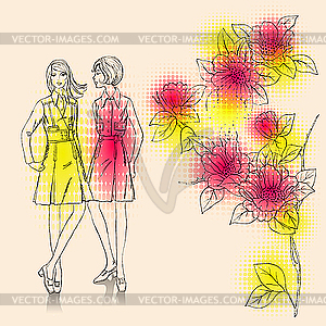 Fashion girls on floral background - vector clipart