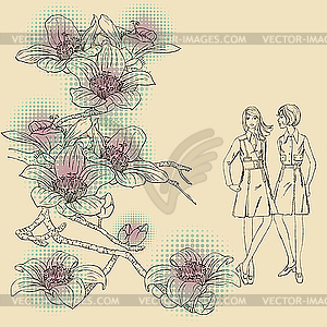 Fashion girls on floral background - vector clip art