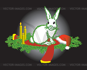 Новогодняя открытка с белым зайцем - клипарт в векторном виде
