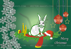 Christmas card with white hare - vector clip art