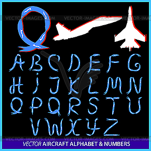 Aerobatics in an airplane alphabet letters and numbers - vector clipart