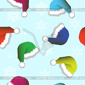 Seamless background of Christmas hats and snowflakes - vector clipart